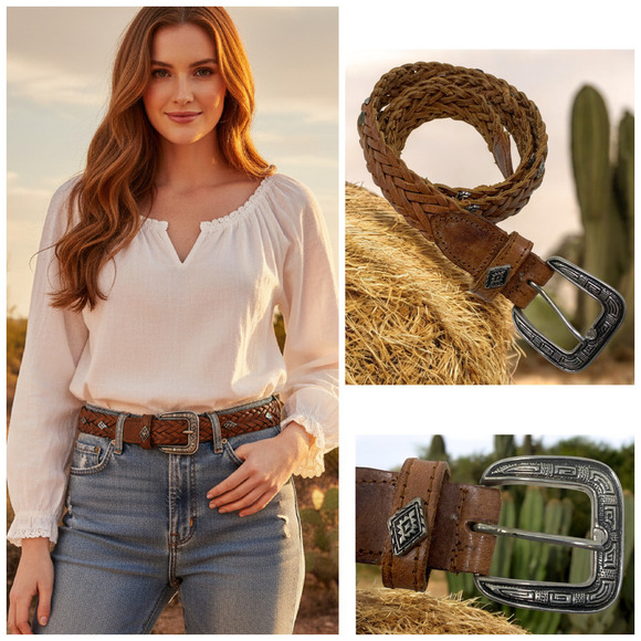 Vintage Brown Leather Woven Petite Concho Western Belt Southwestern Cowgirl Sz L main image 5